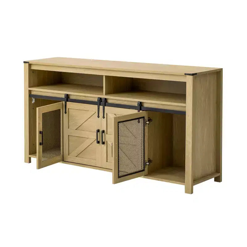 59.3in Sideboard with Sliding Barn Door & Mesh Panels, Farmhouse Buffet Table for Living Room Dining Room Hallway Balcony Kitchen Office