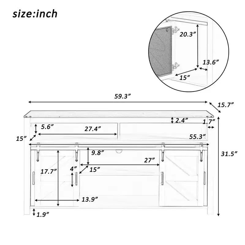59.3in Sideboard with Sliding Barn Door & Mesh Panels, Farmhouse Buffet Table for Living Room Dining Room Hallway Balcony Kitchen Office