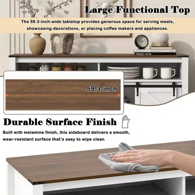 59.3in Sideboard with Sliding Barn Door & Mesh Panels, Farmhouse Buffet Table for Living Room Dining Room Hallway Balcony Kitchen Office