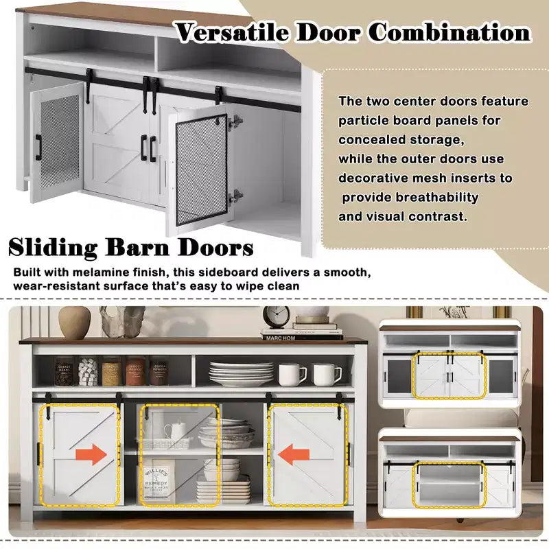 59.3in Sideboard with Sliding Barn Door & Mesh Panels, Farmhouse Buffet Table for Living Room Dining Room Hallway Balcony Kitchen Office