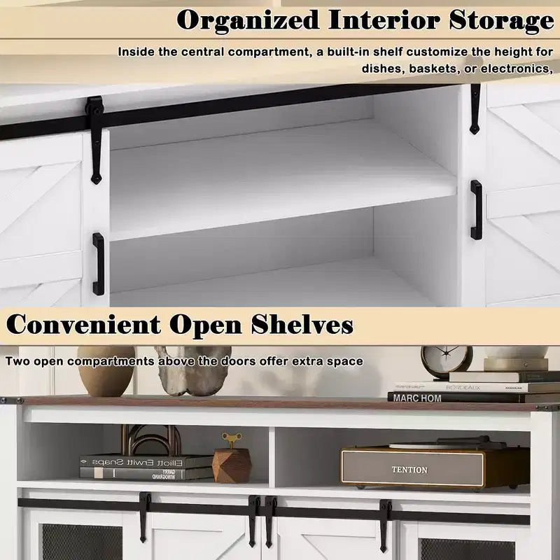 59.3in Sideboard with Sliding Barn Door & Mesh Panels, Farmhouse Buffet Table for Living Room Dining Room Hallway Balcony Kitchen Office
