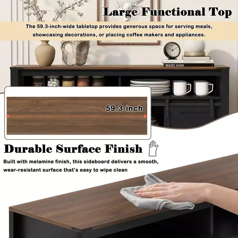 59.3in Sideboard with Sliding Barn Door & Mesh Panels, Farmhouse Buffet Table for Living Room Dining Room Hallway Balcony Kitchen Office
