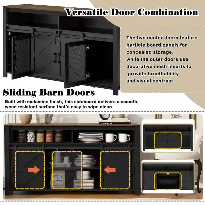 59.3in Sideboard with Sliding Barn Door & Mesh Panels, Farmhouse Buffet Table for Living Room Dining Room Hallway Balcony Kitchen Office
