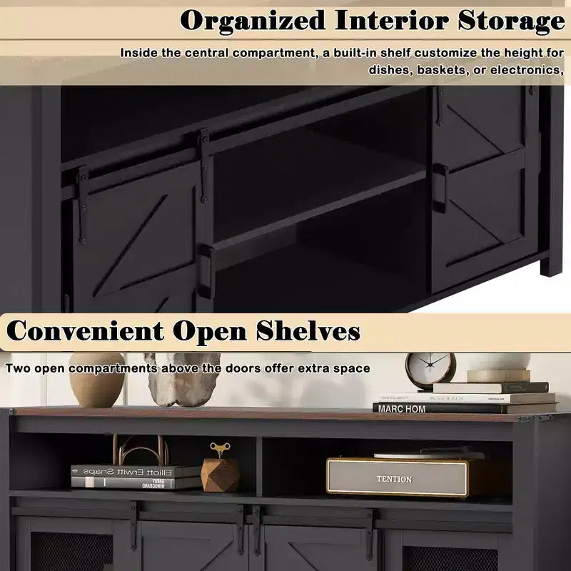 59.3in Sideboard with Sliding Barn Door & Mesh Panels, Farmhouse Buffet Table for Living Room Dining Room Hallway Balcony Kitchen Office