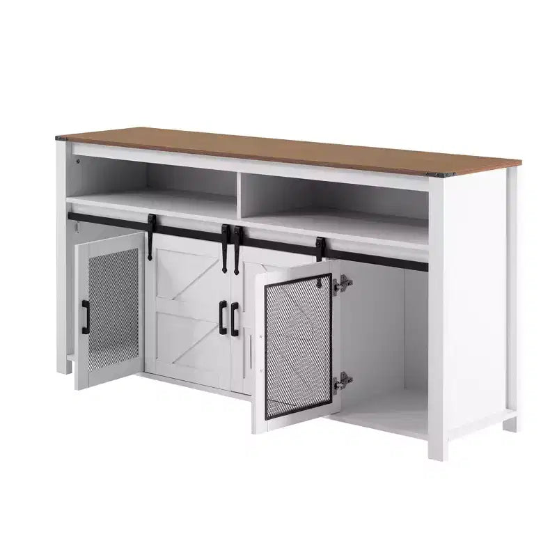 59.3in Sideboard with Sliding Barn Door & Mesh Panels, Farmhouse Buffet Table for Living Room Dining Room Hallway Balcony Kitchen Office