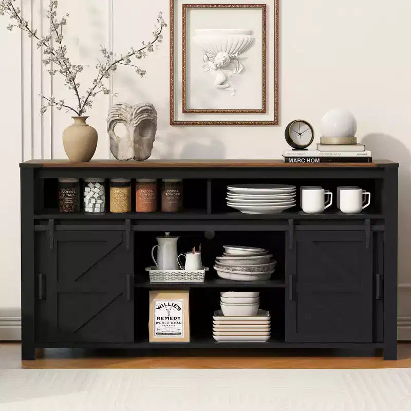 59.3in Sideboard with Sliding Barn Door & Mesh Panels, Farmhouse Buffet Table for Living Room Dining Room Hallway Balcony Kitchen Office