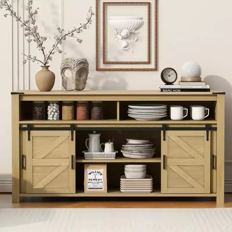 59.3in Sideboard with Sliding Barn Door & Mesh Panels, Farmhouse Buffet Table for Living Room Dining Room Hallway Balcony Kitchen Office