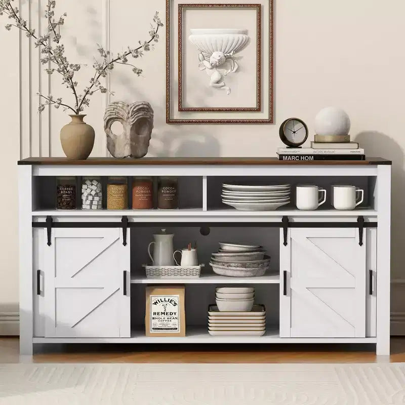 59.3in Sideboard with Sliding Barn Door & Mesh Panels, Farmhouse Buffet Table for Living Room Dining Room Hallway Balcony Kitchen Office