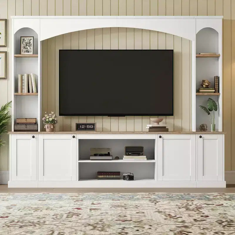 Entertainment Center Wall Unit with Bookshelves for TVs Up to 70, Large TV Stand TV Console Media Console with Adjustable Shelves, White -ModernLuxe