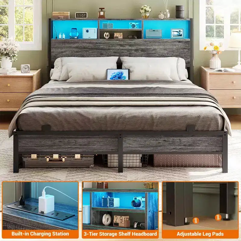 Besiost Headboard with Charging Station, Storage Head Board for Bedframe