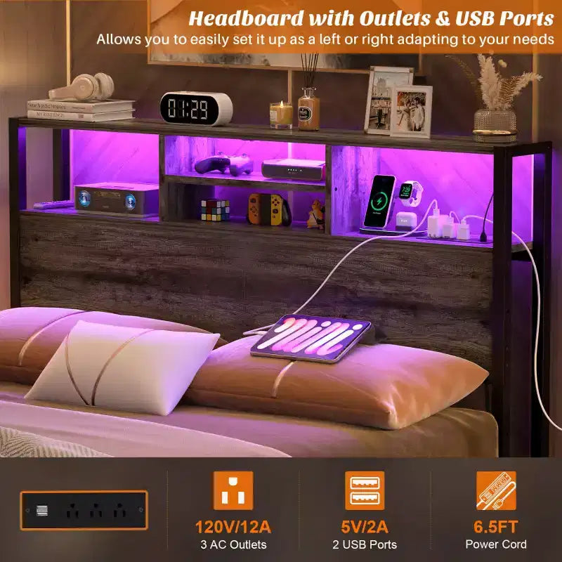 Besiost Headboard with Charging Station, Storage Head Board for Bedframe