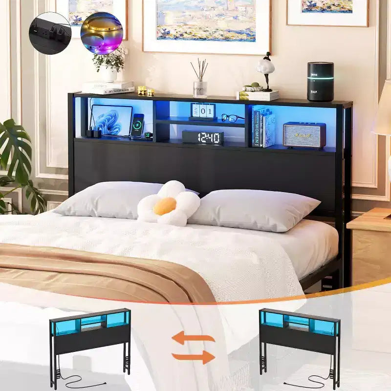 Besiost Headboard with Charging Station, Storage Head Board for Bedframe