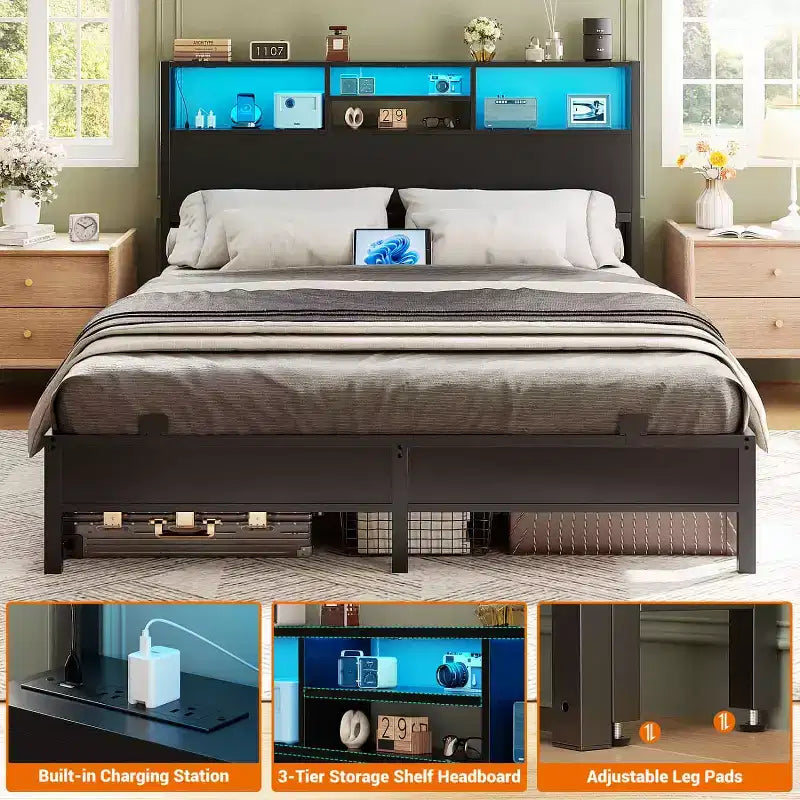 Besiost Headboard with Charging Station, Storage Head Board for Bedframe