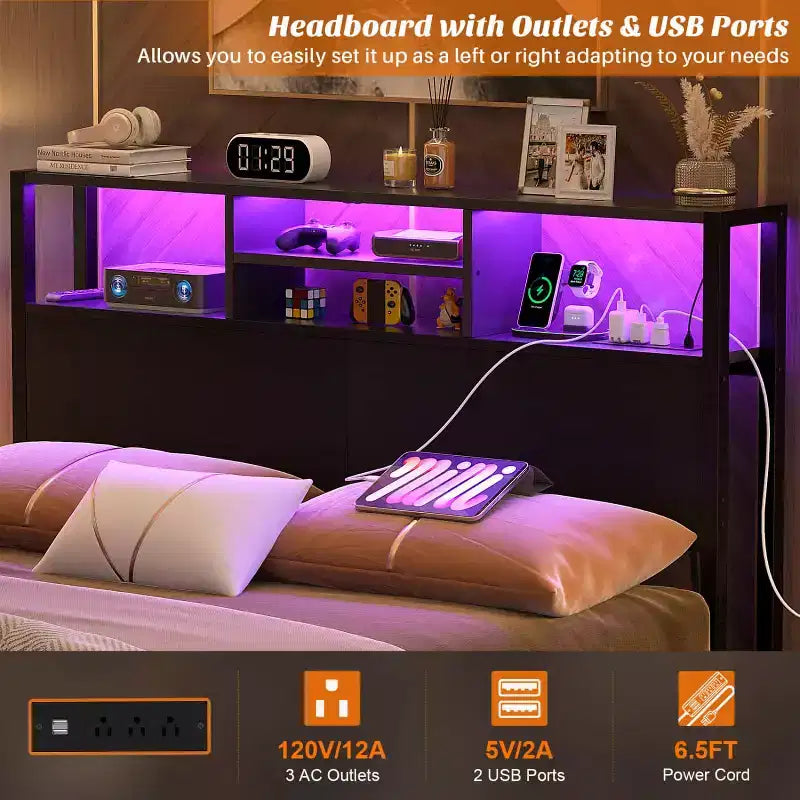 Besiost Headboard with Charging Station, Storage Head Board for Bedframe