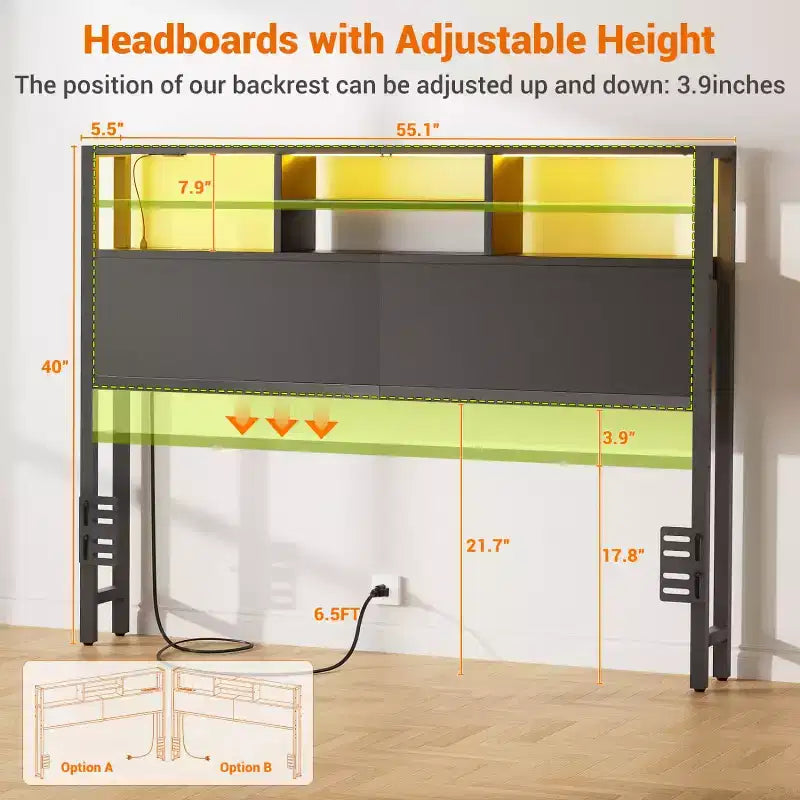 Besiost Headboard with Charging Station, Storage Head Board for Bedframe