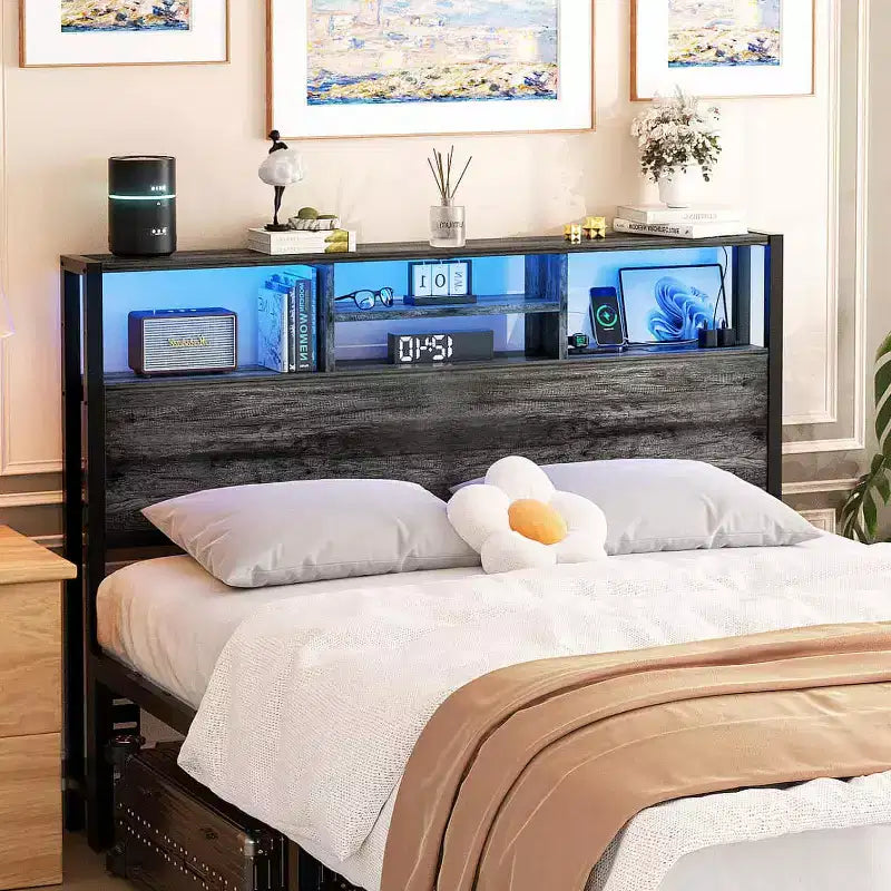Besiost Headboard with Charging Station, Storage Head Board for Bedframe