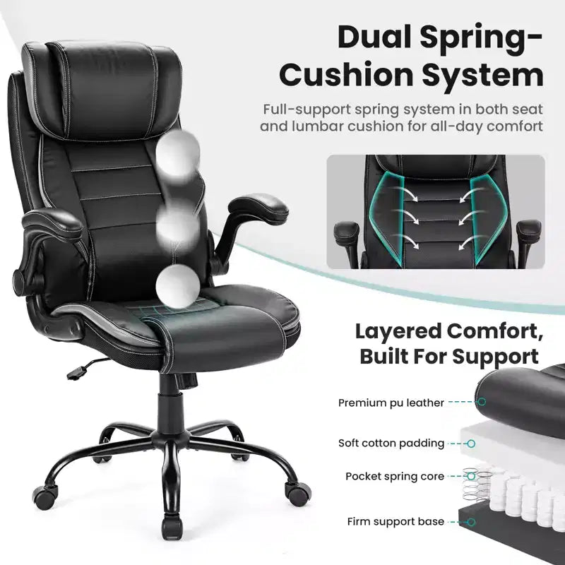 Ergonomic Office Chair, Reclining Executive Office Desk Chair with Adjustable Headrest and Pocket Spring Lumbar Support, Flip Up Armrests
