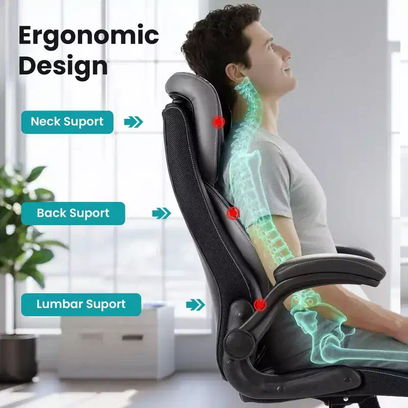 Ergonomic Office Chair, Reclining Executive Office Desk Chair with Adjustable Headrest and Pocket Spring Lumbar Support, Flip Up Armrests