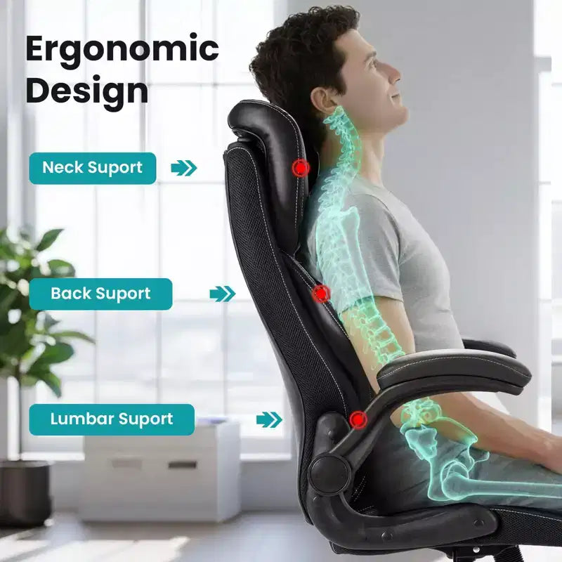 Ergonomic Office Chair, Reclining Executive Office Desk Chair with Adjustable Headrest and Pocket Spring Lumbar Support, Flip Up Armrests