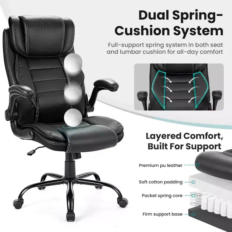 Ergonomic Office Chair, Reclining Executive Office Desk Chair with Adjustable Headrest and Pocket Spring Lumbar Support, Flip Up Armrests
