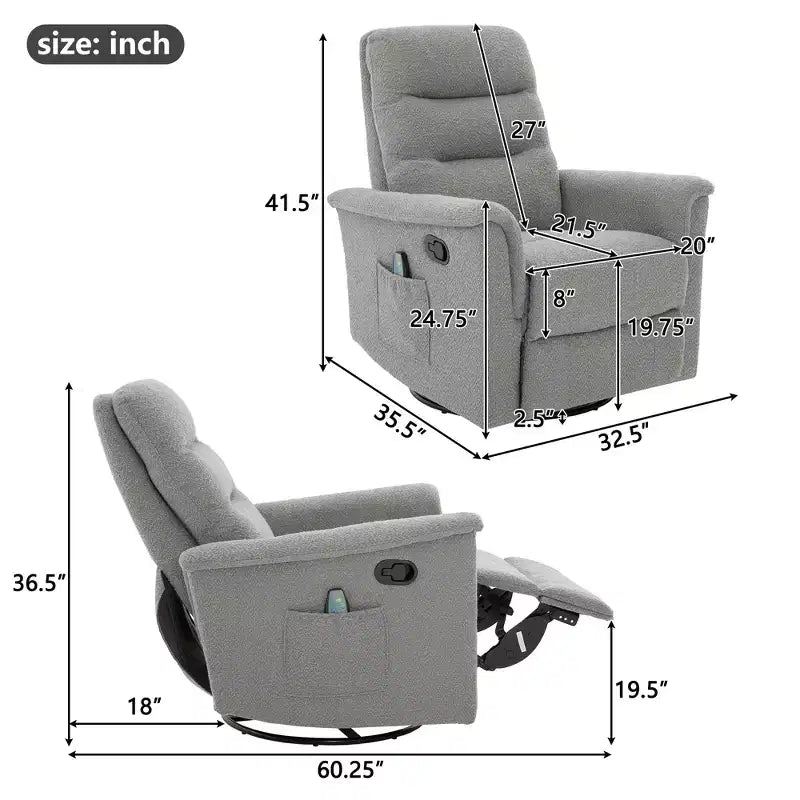 Christopher Knight Home Kal Modern Swivel Rocking Chenille Upholstered Recliner with 8-Point Massage and Adjustable Backrest