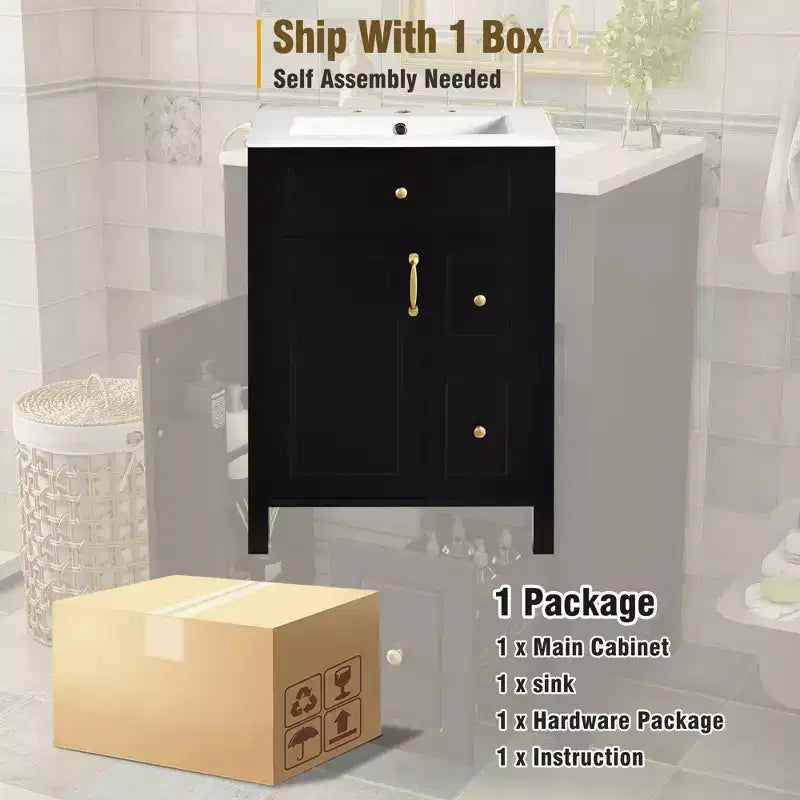 24 Small Bathroom Vanity Sink Combo with Drawers, Bathroom Floor Cabinet with Shelf and Soft Close Door