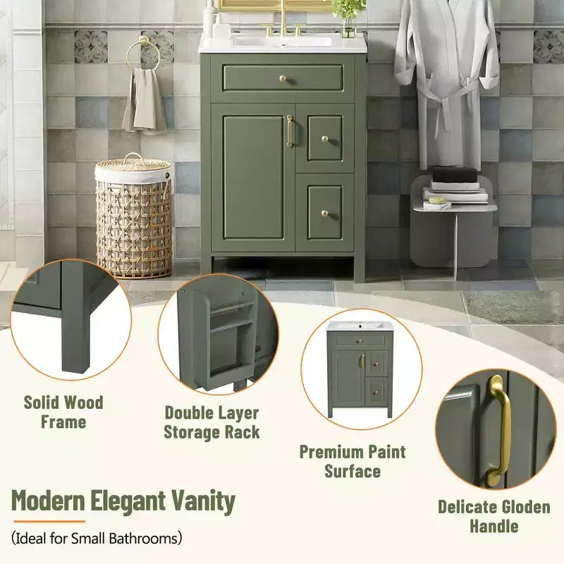 24 Small Bathroom Vanity Sink Combo with Drawers, Bathroom Floor Cabinet with Shelf and Soft Close Door