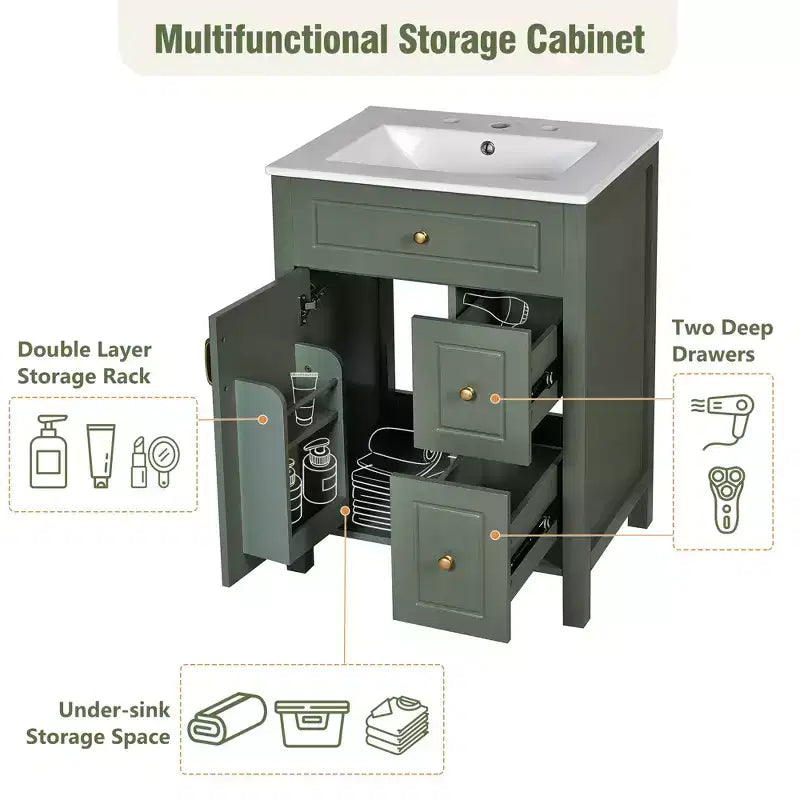 24 Small Bathroom Vanity Sink Combo with Drawers, Bathroom Floor Cabinet with Shelf and Soft Close Door