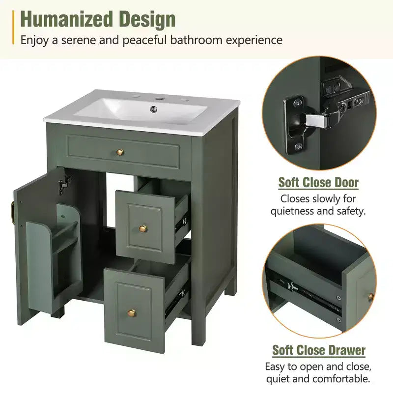 24 Small Bathroom Vanity Sink Combo with Drawers, Bathroom Floor Cabinet with Shelf and Soft Close Door