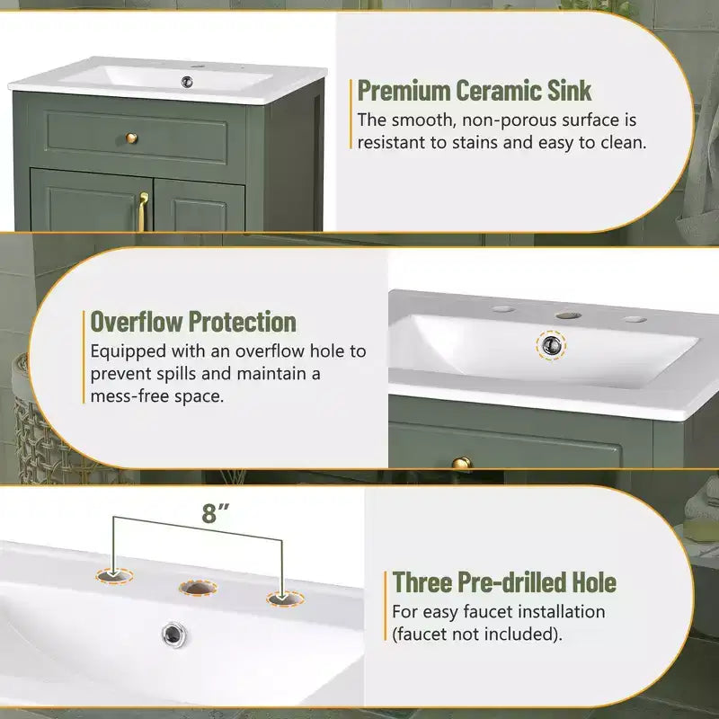 24 Small Bathroom Vanity Sink Combo with Drawers, Bathroom Floor Cabinet with Shelf and Soft Close Door