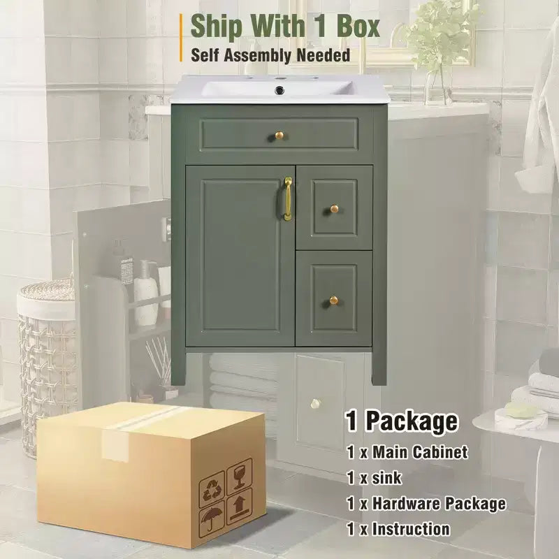 24 Small Bathroom Vanity Sink Combo with Drawers, Bathroom Floor Cabinet with Shelf and Soft Close Door