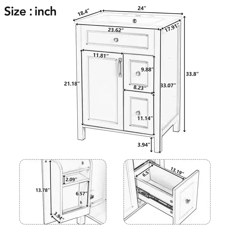 24 Small Bathroom Vanity Sink Combo with Drawers, Bathroom Floor Cabinet with Shelf and Soft Close Door