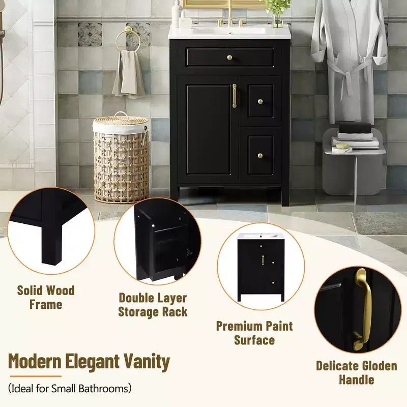 24 Small Bathroom Vanity Sink Combo with Drawers, Bathroom Floor Cabinet with Shelf and Soft Close Door