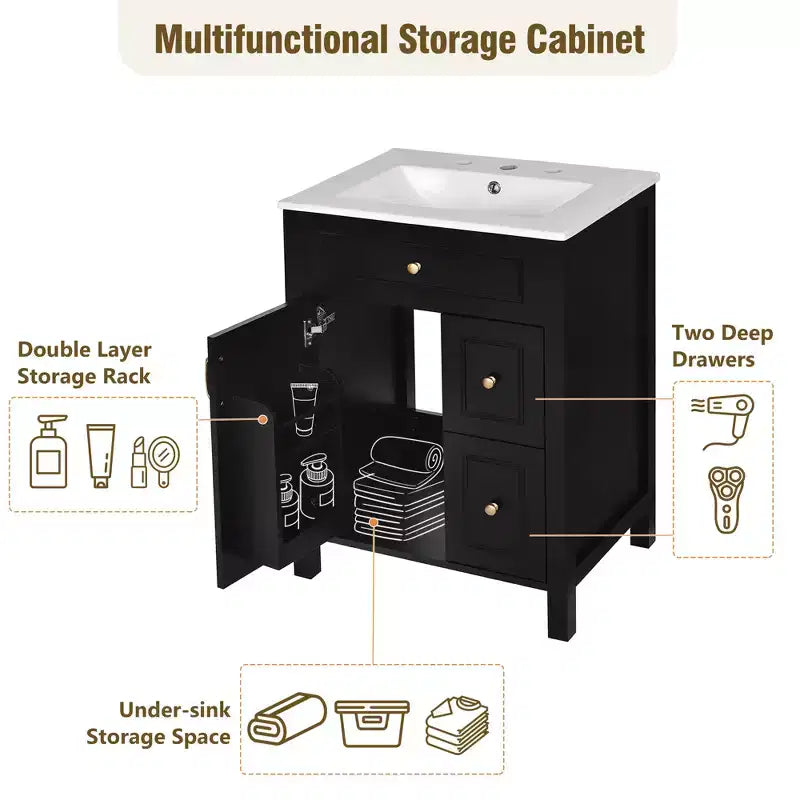 24 Small Bathroom Vanity Sink Combo with Drawers, Bathroom Floor Cabinet with Shelf and Soft Close Door