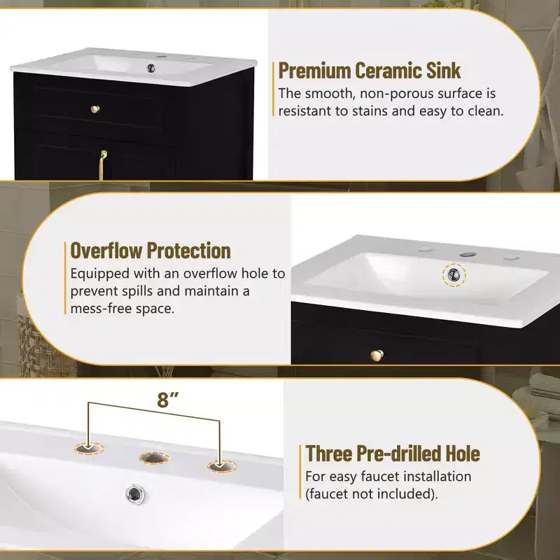 24 Small Bathroom Vanity Sink Combo with Drawers, Bathroom Floor Cabinet with Shelf and Soft Close Door