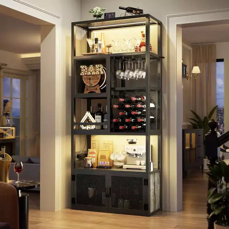 Besiost 82.6 Tall Wine Bar Cabinet with LED Light and Outlets