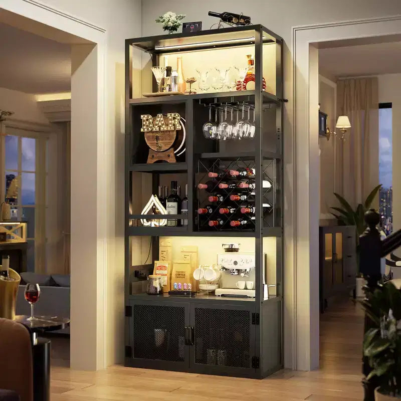Besiost 82.6 Tall Wine Bar Cabinet with LED Light and Outlets
