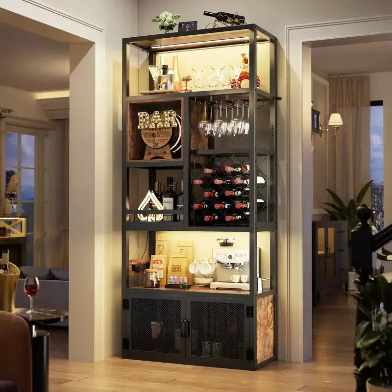 Besiost 82.6 Tall Wine Bar Cabinet with LED Light and Outlets