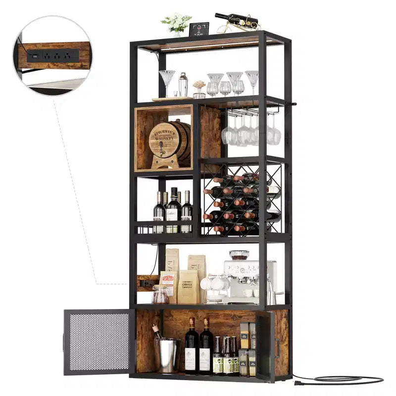 Besiost 82.6 Tall Wine Bar Cabinet with LED Light and Outlets
