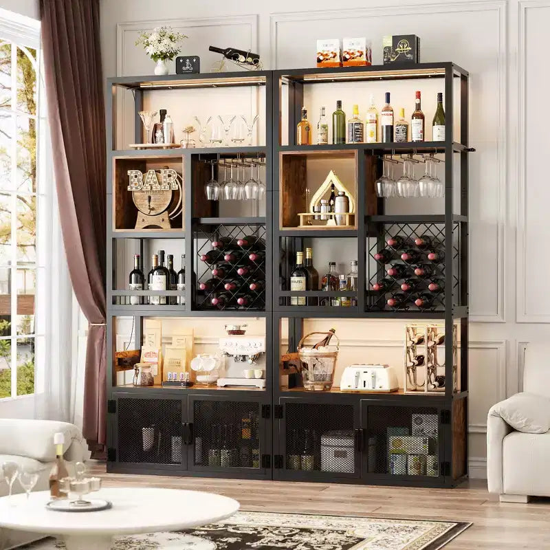 Besiost 82.6 Tall Wine Bar Cabinet with LED Light and Outlets