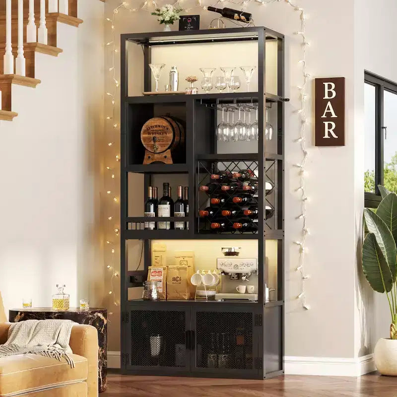 Besiost 82.6 Tall Wine Bar Cabinet with LED Light and Outlets