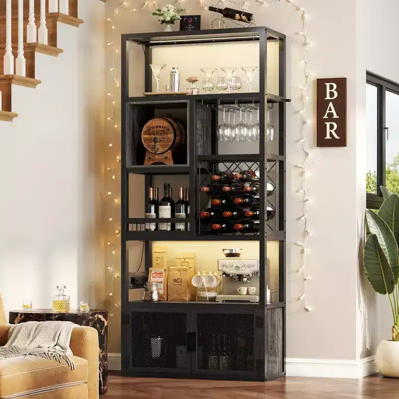 Besiost 82.6 Tall Wine Bar Cabinet with LED Light and Outlets