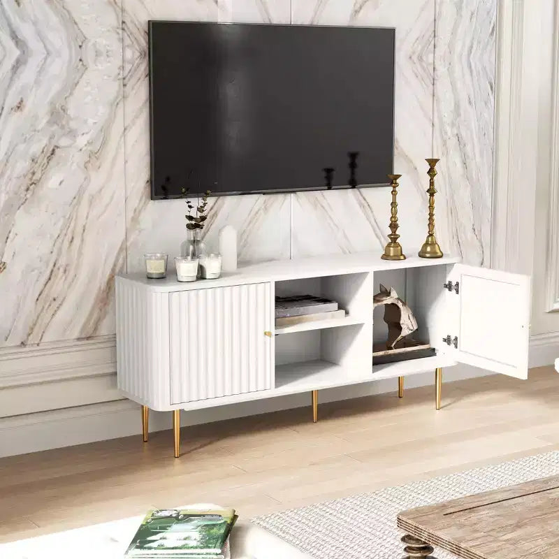 Mid Century Modern TV Stand with Fluted Doors, 55/60/65 inch White Entertainment Center with Storage, Media Console for Living Room, Bedroom