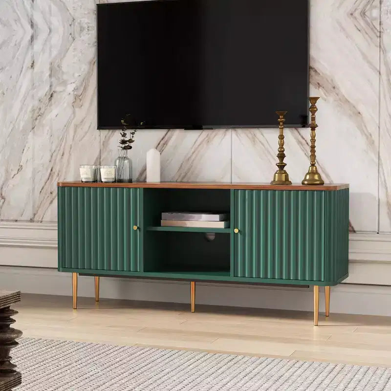 Mid Century Modern TV Stand with Fluted Doors, 55/60/65 inch White Entertainment Center with Storage, Media Console for Living Room, Bedroom