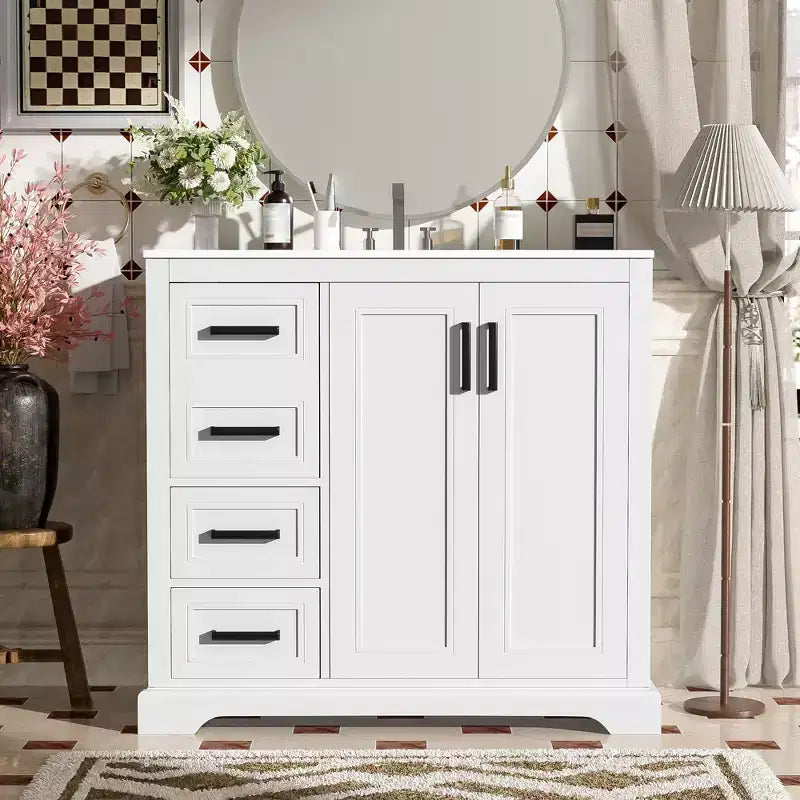 36 White Bathroom Vanity with Sink, Bathroom Floor Cabinet with Soft-Close Door, Adjustable Shelf & 3 Drawers