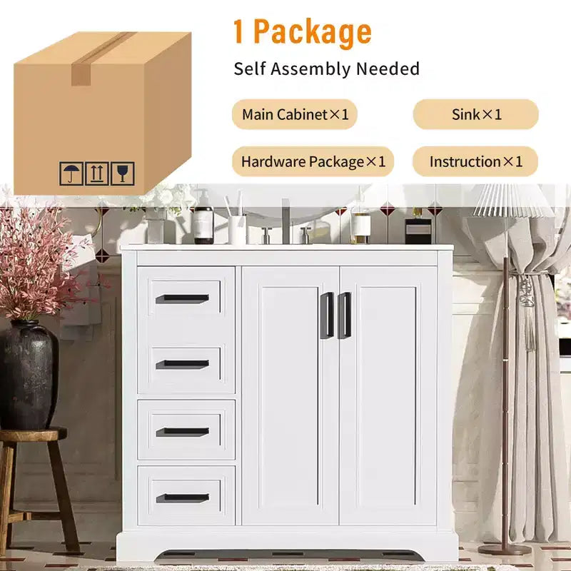 36 White Bathroom Vanity with Sink, Bathroom Floor Cabinet with Soft-Close Door, Adjustable Shelf & 3 Drawers