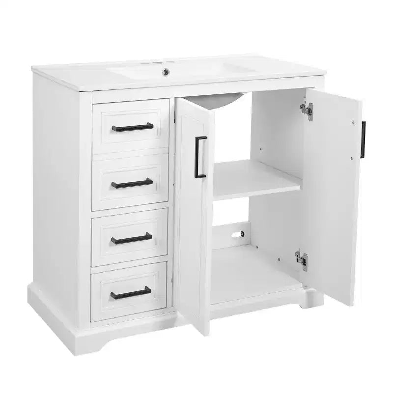 36 White Bathroom Vanity with Sink, Bathroom Floor Cabinet with Soft-Close Door, Adjustable Shelf & 3 Drawers