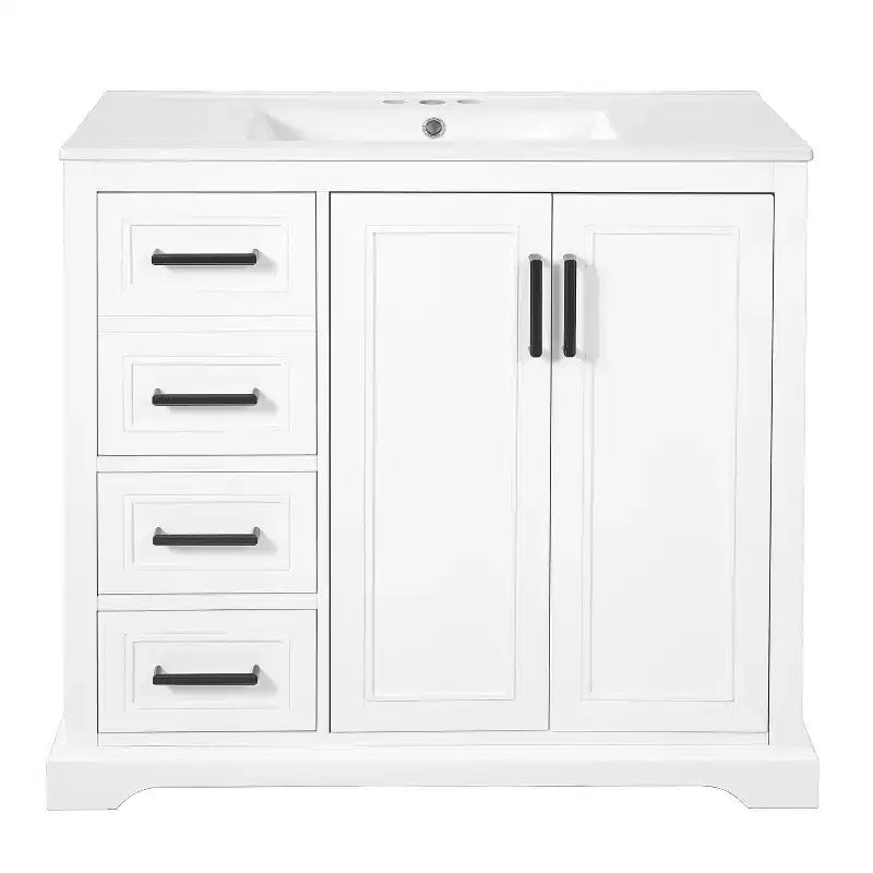36 White Bathroom Vanity with Sink, Bathroom Floor Cabinet with Soft-Close Door, Adjustable Shelf & 3 Drawers