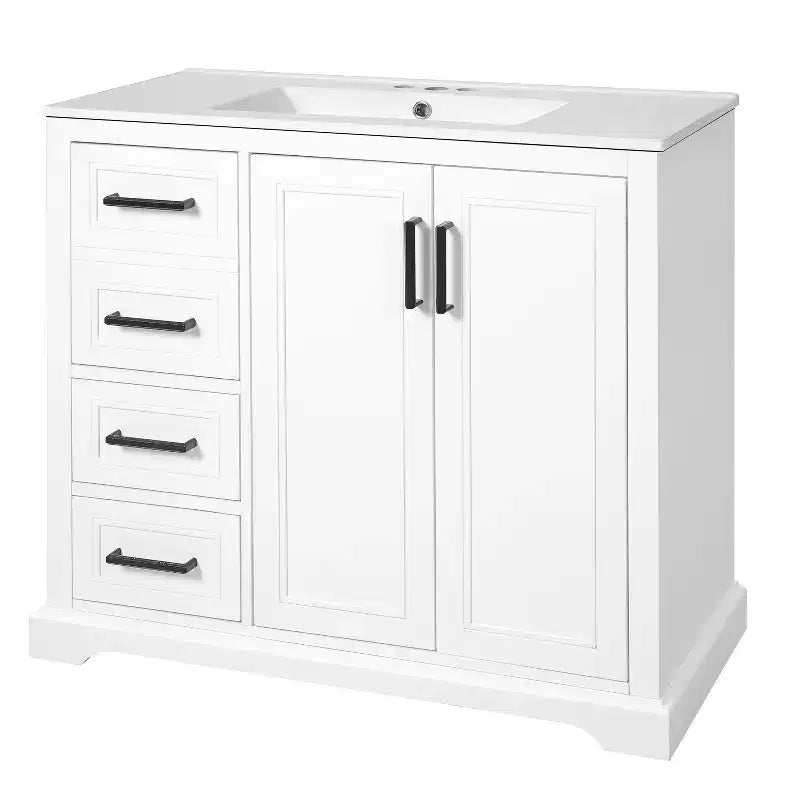 36 White Bathroom Vanity with Sink, Bathroom Floor Cabinet with Soft-Close Door, Adjustable Shelf & 3 Drawers