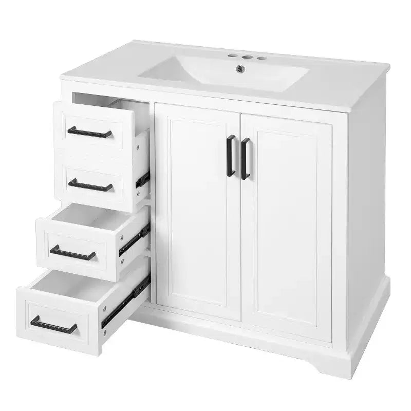 36 White Bathroom Vanity with Sink, Bathroom Floor Cabinet with Soft-Close Door, Adjustable Shelf & 3 Drawers